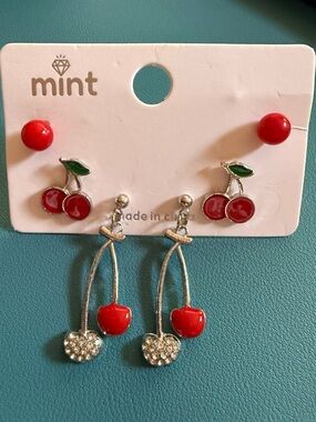 Mint Red Cherry Mixed Stud and Drop Earring Set